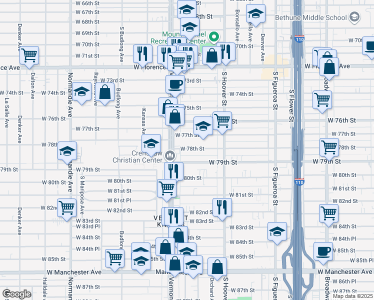 map of restaurants, bars, coffee shops, grocery stores, and more near 922 1/2 West 78th Street in Los Angeles