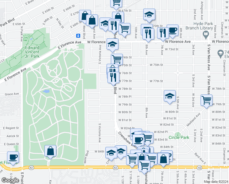 map of restaurants, bars, coffee shops, grocery stores, and more near 3322 West 78th Street in Los Angeles