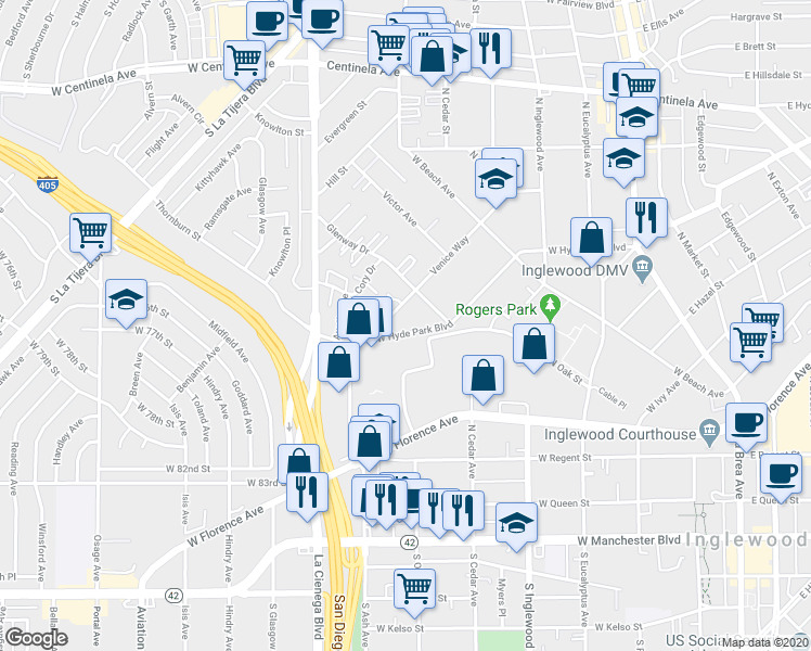 map of restaurants, bars, coffee shops, grocery stores, and more near 708 Venice Way in Inglewood