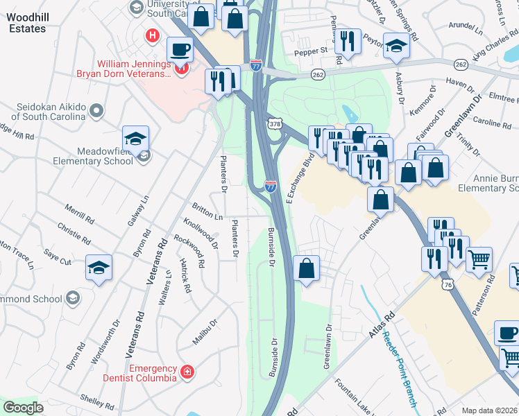 map of restaurants, bars, coffee shops, grocery stores, and more near 116 Courtyard Homes Drive in Columbia