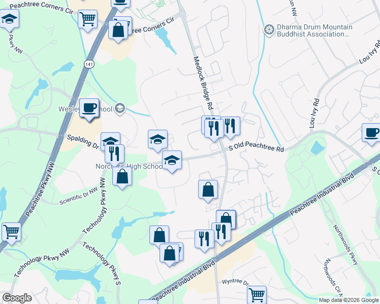 map of restaurants, bars, coffee shops, grocery stores, and more near 5405 Spalding Bridge Court in Norcross