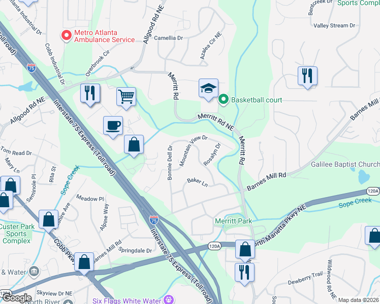 map of restaurants, bars, coffee shops, grocery stores, and more near 724 Bonnie Dell Drive in Marietta