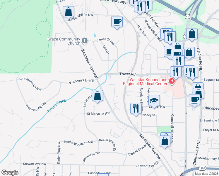 map of restaurants, bars, coffee shops, grocery stores, and more near 671 Oakledge Drive in Marietta