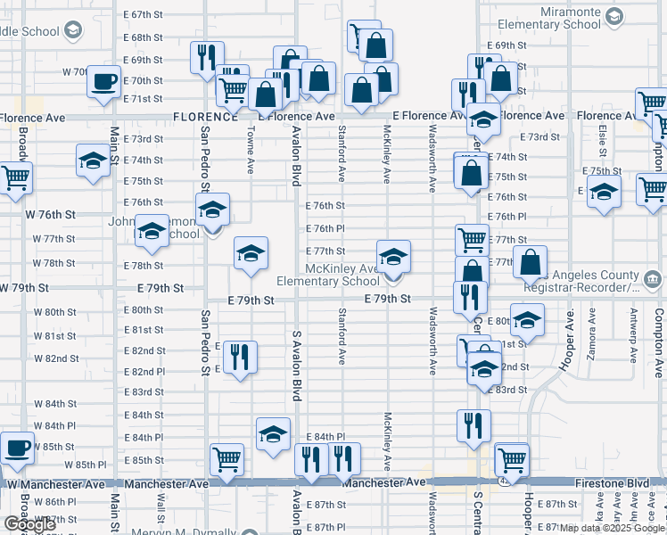 map of restaurants, bars, coffee shops, grocery stores, and more near 645 East 78th Street in Los Angeles