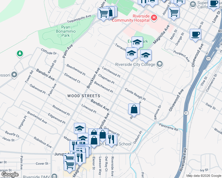 map of restaurants, bars, coffee shops, grocery stores, and more near 3921 Beechwood Place in Riverside
