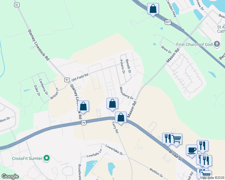 map of restaurants, bars, coffee shops, grocery stores, and more near 2860 Bismuth Drive South in Sumter