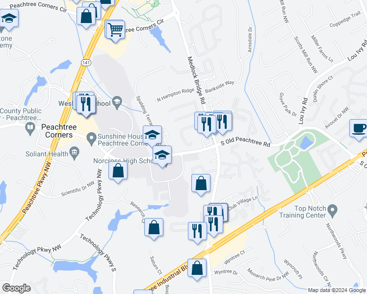 map of restaurants, bars, coffee shops, grocery stores, and more near 5405 Spalding Bridge Court in Norcross