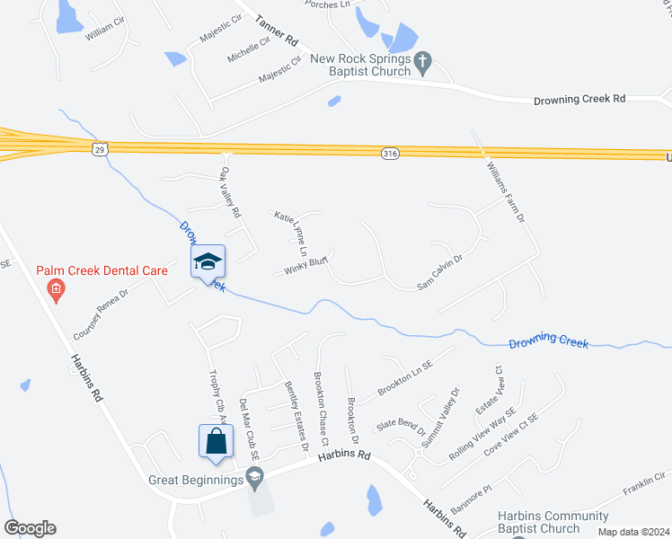 map of restaurants, bars, coffee shops, grocery stores, and more near 2784 James Henry Drive in Dacula