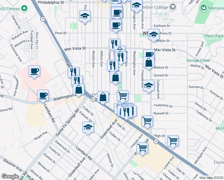 map of restaurants, bars, coffee shops, grocery stores, and more near 7935 Greenleaf Avenue in Whittier