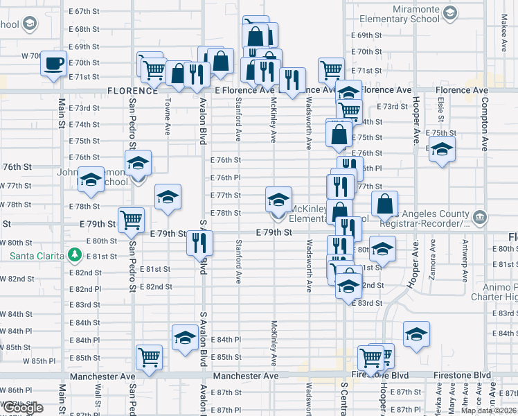 map of restaurants, bars, coffee shops, grocery stores, and more near 740 East 77th Street in Los Angeles