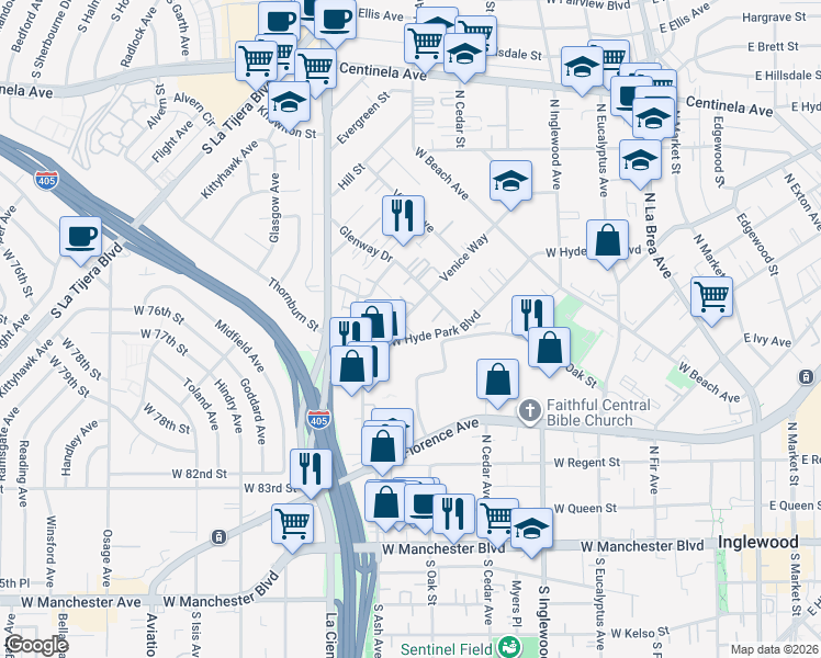 map of restaurants, bars, coffee shops, grocery stores, and more near 708 Venice Way in Inglewood