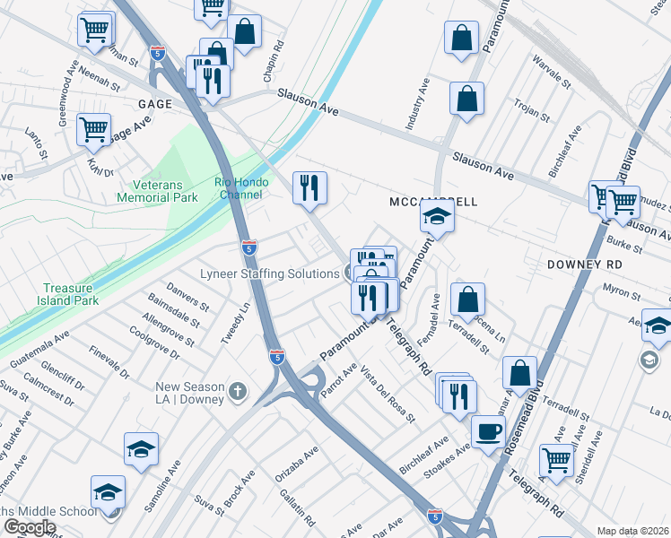 map of restaurants, bars, coffee shops, grocery stores, and more near 8026 Telegraph Road in Downey
