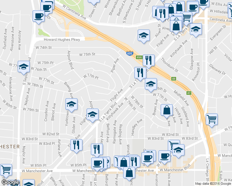 map of restaurants, bars, coffee shops, grocery stores, and more near 7803 Flight Avenue in Los Angeles