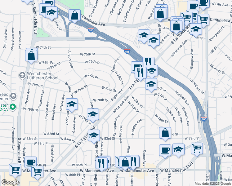 map of restaurants, bars, coffee shops, grocery stores, and more near 7803 Flight Avenue in Los Angeles
