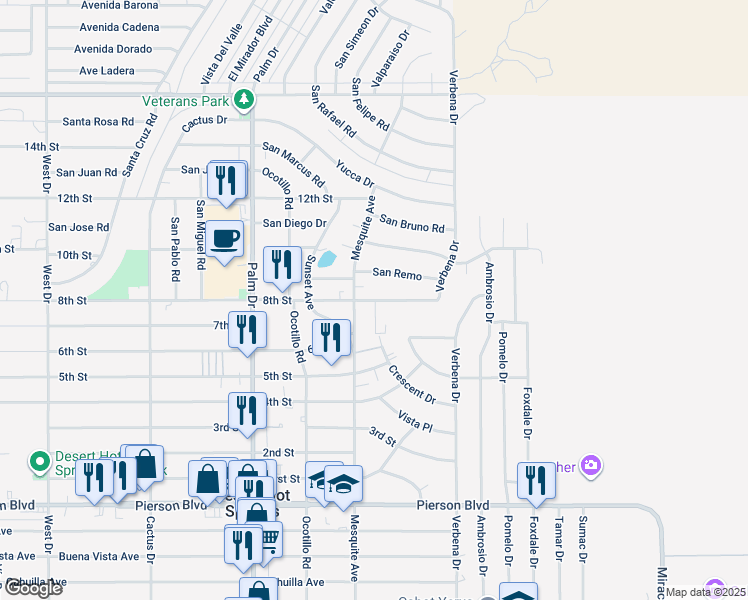 map of restaurants, bars, coffee shops, grocery stores, and more near 66796 8th Street in Desert Hot Springs