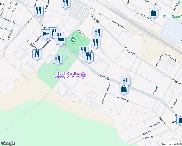 map of restaurants, bars, coffee shops, grocery stores, and more near 1225 Bluff Road in Columbia