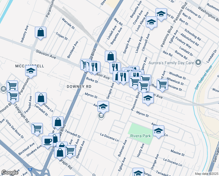 map of restaurants, bars, coffee shops, grocery stores, and more near 9156 Burke Street in Pico Rivera