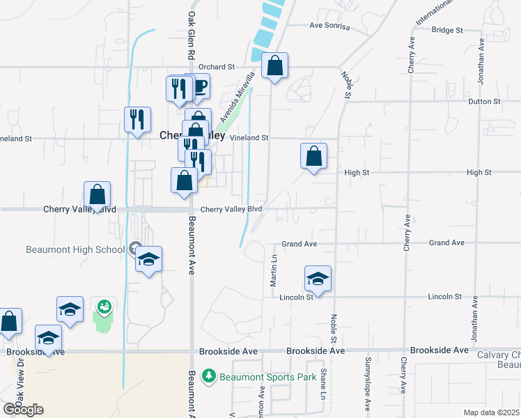 map of restaurants, bars, coffee shops, grocery stores, and more near Cherry Valley Boulevard in Cherry Valley