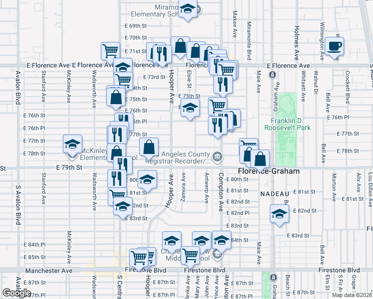 map of restaurants, bars, coffee shops, grocery stores, and more near 1331 East 77th Place in Los Angeles