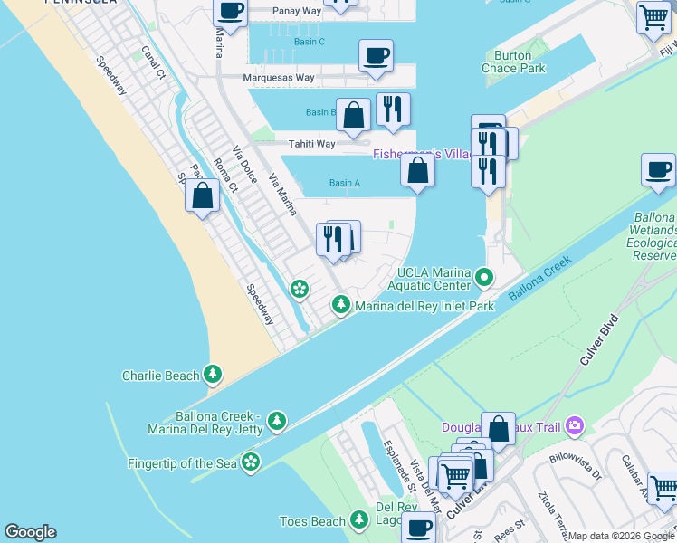 map of restaurants, bars, coffee shops, grocery stores, and more near 4600 Via Marina in Marina del Rey