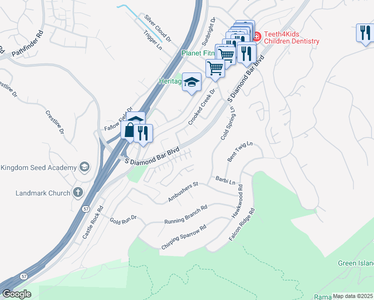 map of restaurants, bars, coffee shops, grocery stores, and more near 21113 Blossom Way in Diamond Bar