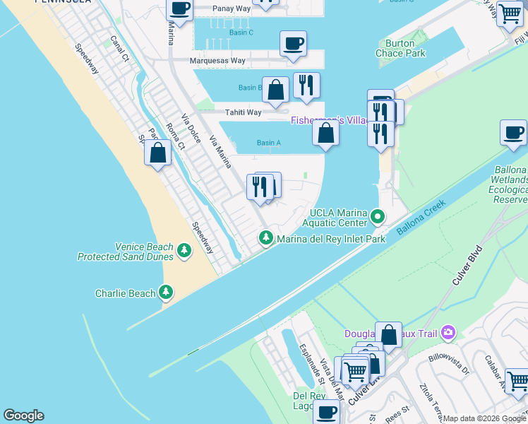 map of restaurants, bars, coffee shops, grocery stores, and more near 4600 Via Marina in Marina del Rey
