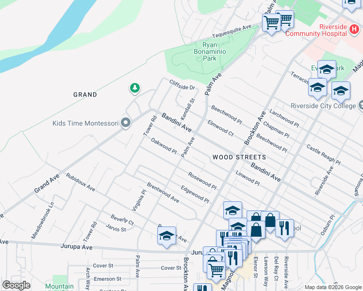 map of restaurants, bars, coffee shops, grocery stores, and more near 4540 Linwood Place in Riverside