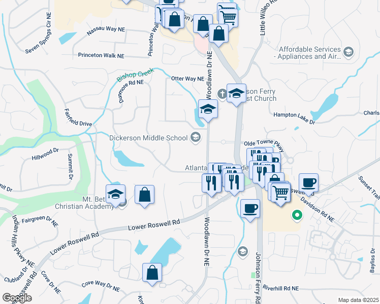 map of restaurants, bars, coffee shops, grocery stores, and more near 855 Woodlawn Drive Northeast in Marietta