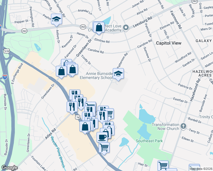 map of restaurants, bars, coffee shops, grocery stores, and more near 7305 Patterson Road in Columbia