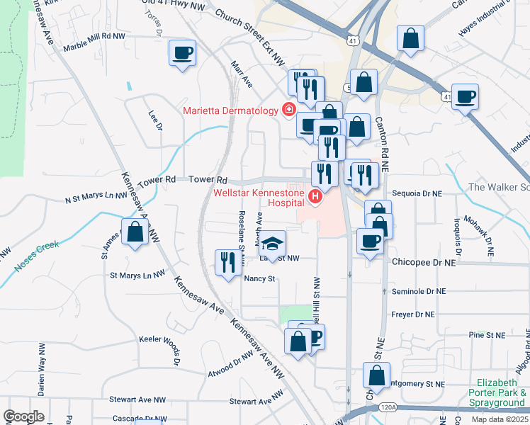 map of restaurants, bars, coffee shops, grocery stores, and more near 514 North Avenue in Marietta