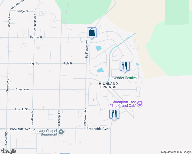 map of restaurants, bars, coffee shops, grocery stores, and more near 10475 Frontier Trail in Cherry Valley