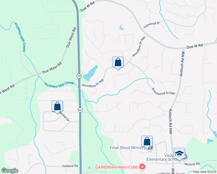 map of restaurants, bars, coffee shops, grocery stores, and more near 504 Broadstone Lane Northwest in Acworth