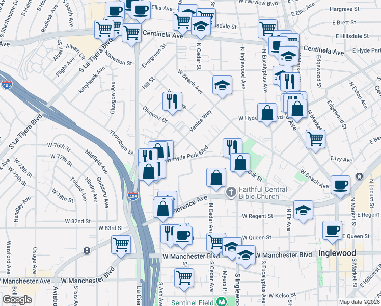 map of restaurants, bars, coffee shops, grocery stores, and more near 701 Glenway Drive in Inglewood