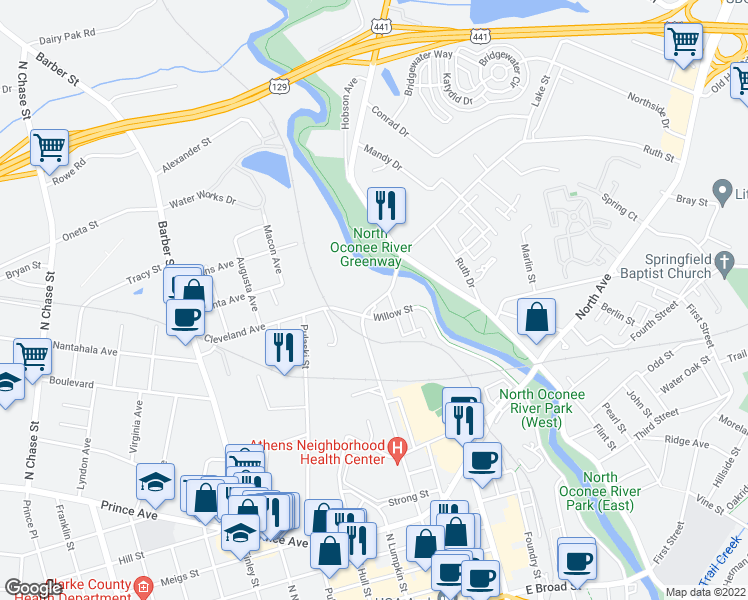 map of restaurants, bars, coffee shops, grocery stores, and more near 1005 College Avenue in Athens