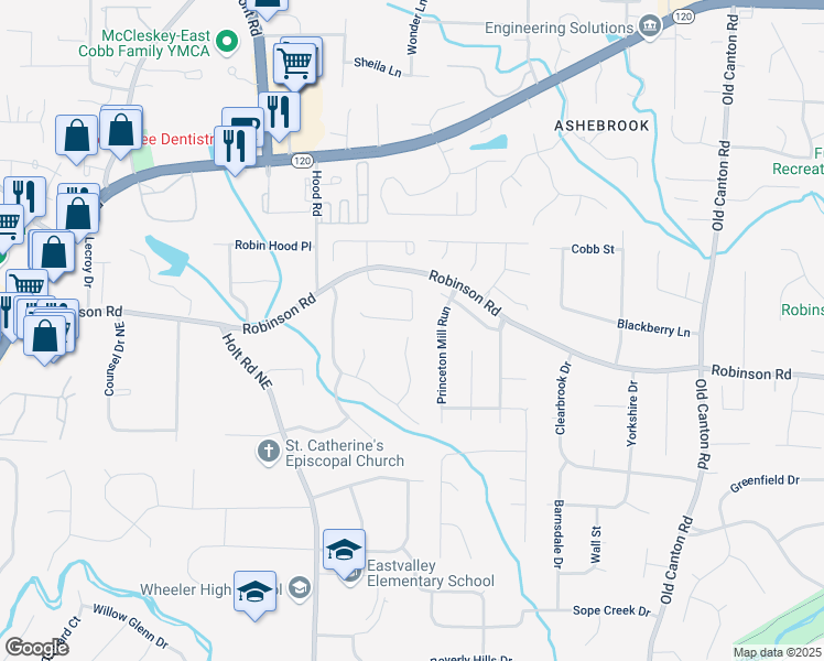 map of restaurants, bars, coffee shops, grocery stores, and more near 2634 Weddington Place Northeast in Marietta
