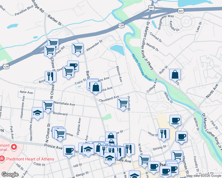 map of restaurants, bars, coffee shops, grocery stores, and more near 405 Atlanta Avenue in Athens