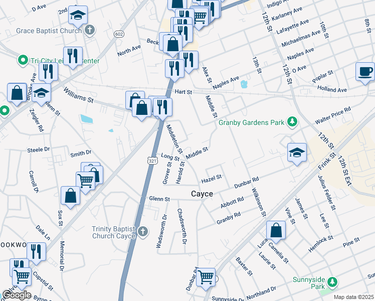 map of restaurants, bars, coffee shops, grocery stores, and more near 1745 Middleton Street in Cayce