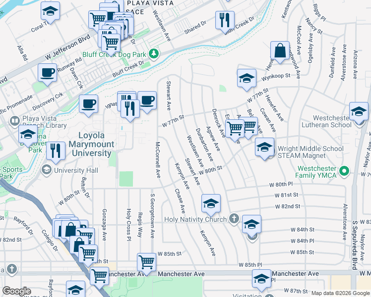 map of restaurants, bars, coffee shops, grocery stores, and more near 7838 Stewart Avenue in Los Angeles