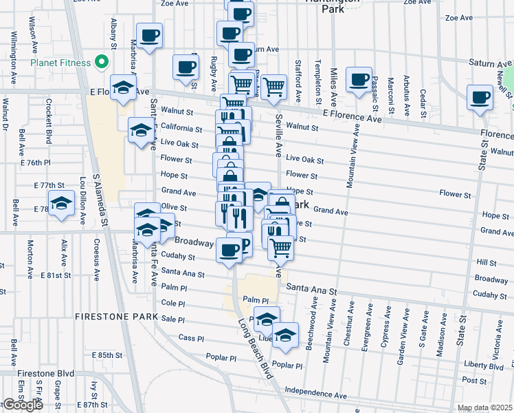 map of restaurants, bars, coffee shops, grocery stores, and more near 2640 Grand Avenue in Huntington Park