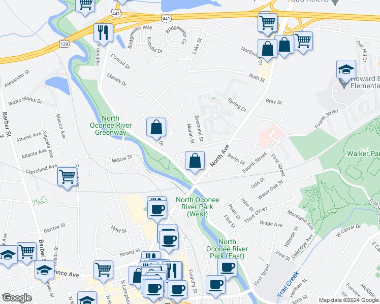 map of restaurants, bars, coffee shops, grocery stores, and more near 156 Strickland Avenue in Athens