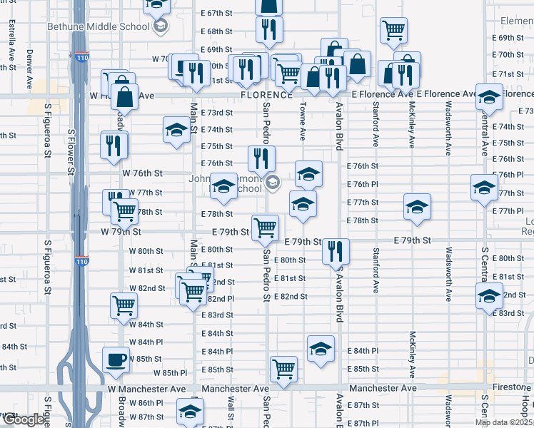 map of restaurants, bars, coffee shops, grocery stores, and more near S San Pedro St & E 78th St in Los Angeles