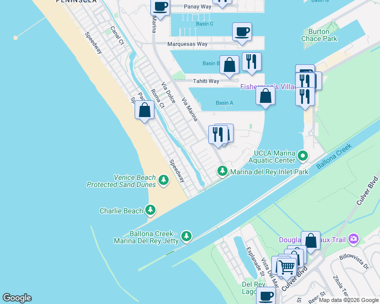 map of restaurants, bars, coffee shops, grocery stores, and more near 5115 Vía Donte in Marina del Rey