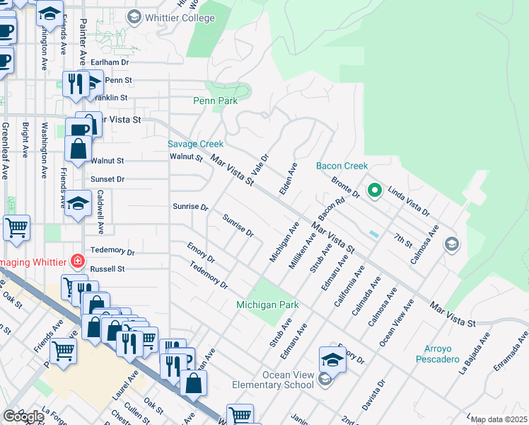 map of restaurants, bars, coffee shops, grocery stores, and more near 14081 Sunset Drive in Whittier