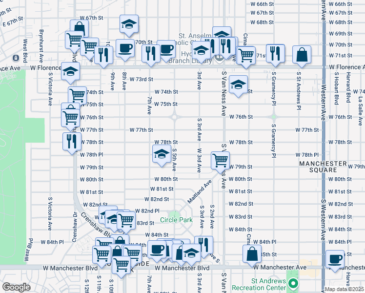 map of restaurants, bars, coffee shops, grocery stores, and more near 2510 West 78th Street in Inglewood