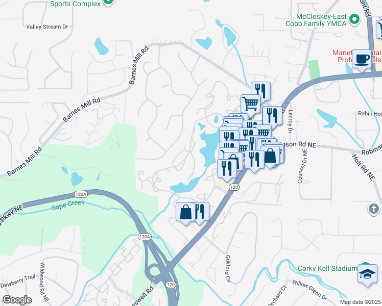 map of restaurants, bars, coffee shops, grocery stores, and more near 716 East Lake Landing in Marietta