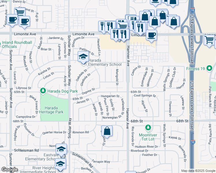 map of restaurants, bars, coffee shops, grocery stores, and more near 12730 Carnation Street in Corona