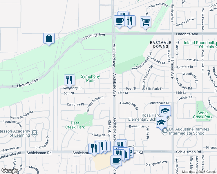 map of restaurants, bars, coffee shops, grocery stores, and more near 14234 Legato Court in Corona