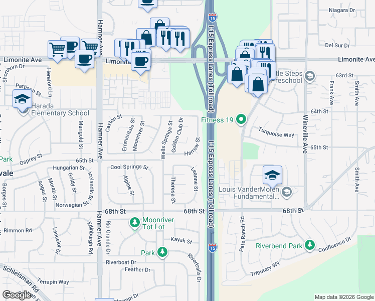 map of restaurants, bars, coffee shops, grocery stores, and more near 6573 Harrow Street in Eastvale