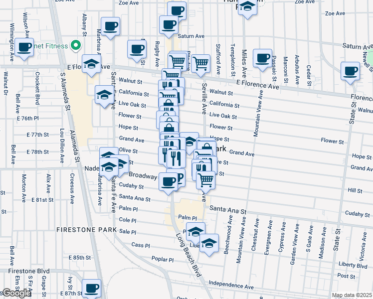 map of restaurants, bars, coffee shops, grocery stores, and more near 2634 Grand Avenue in Huntington Park