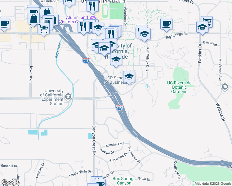 map of restaurants, bars, coffee shops, grocery stores, and more near 215 Martin Luther King Boulevard in Riverside